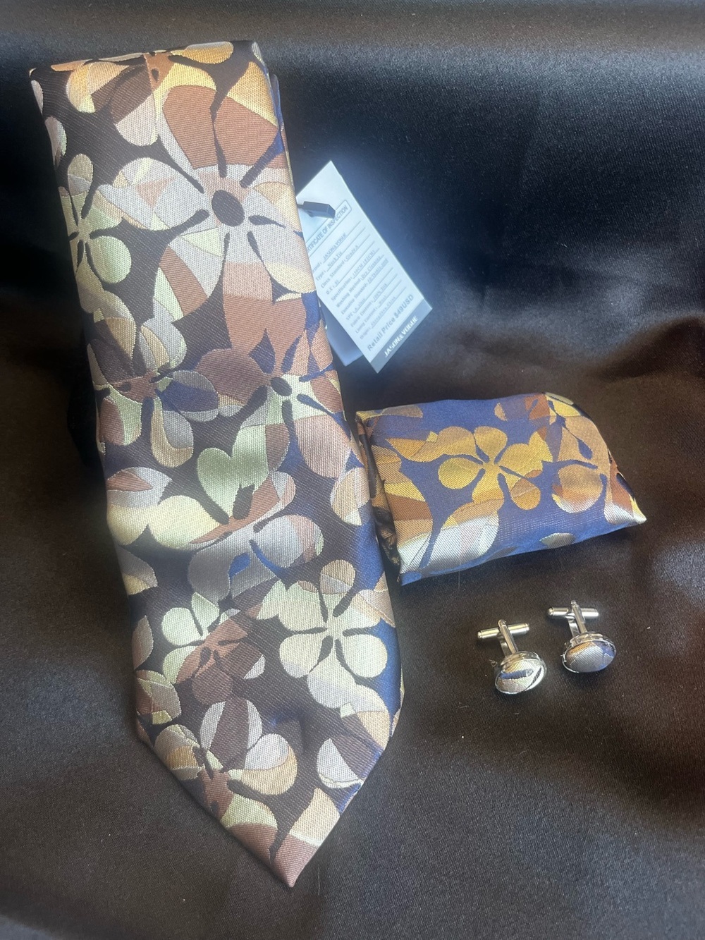 Brown Floral Men's Tie Set with Pocket Square and Silver Cufflinks